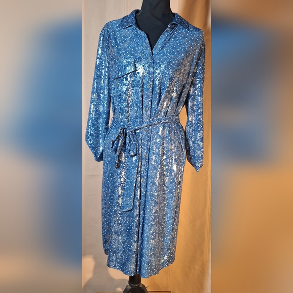 Emily Daniels Dresses & Skirts - EMILY DANIELS Blue Denim Color Midi Dress with Lacy Silver Overlay